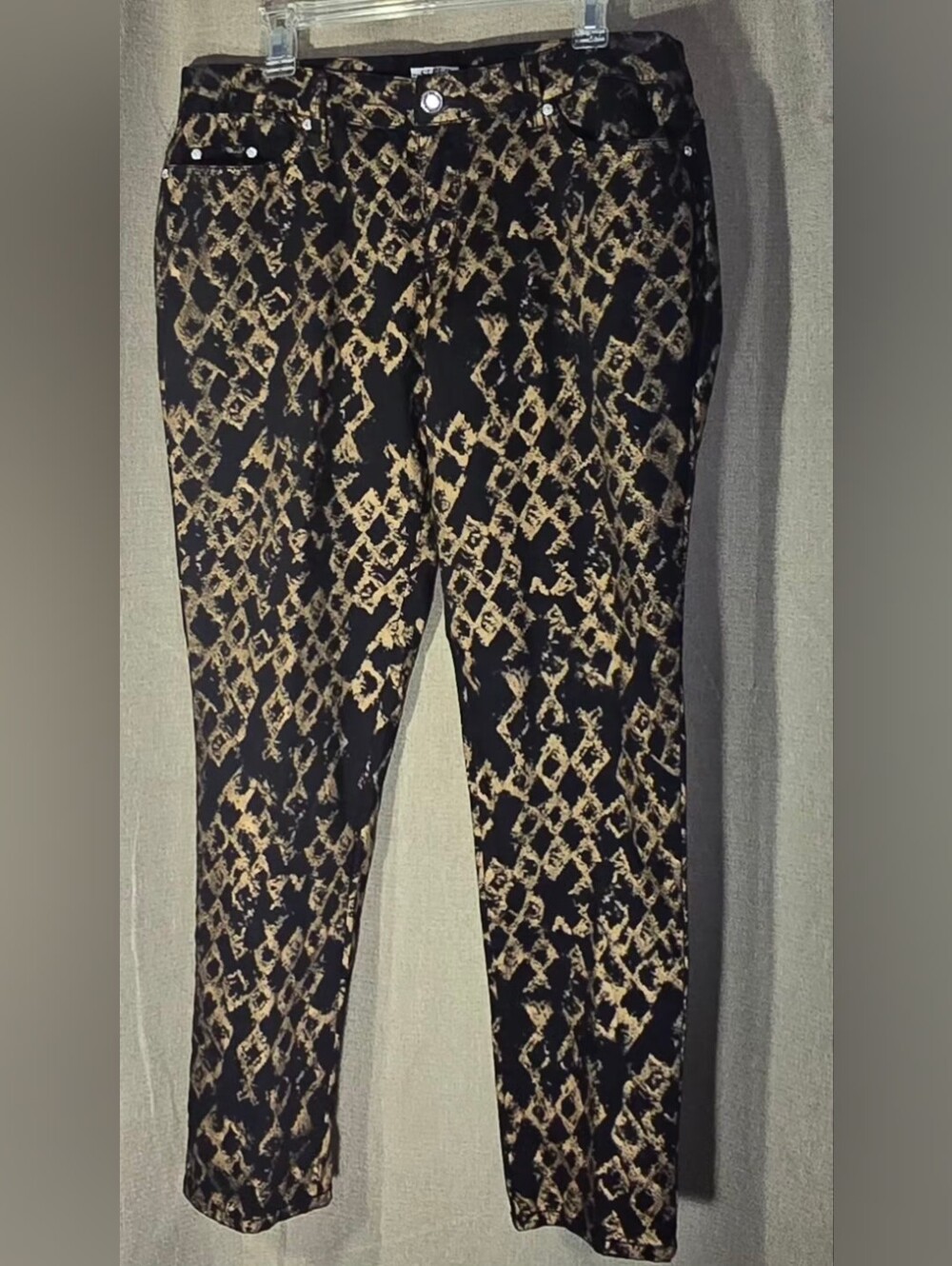 STYLE Size 14 Printed Black & Tan 97 % Cotton Slim Women's Pants Officewear